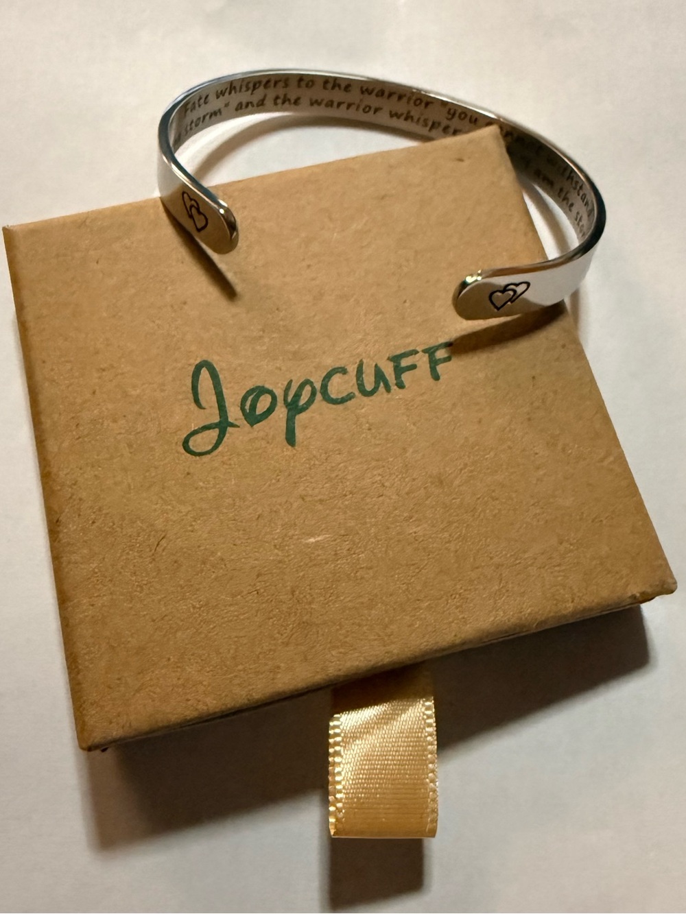 JoyCuff Silver Tone Metal Inspirational Engraved Quote Cuff Bracelet, Signed